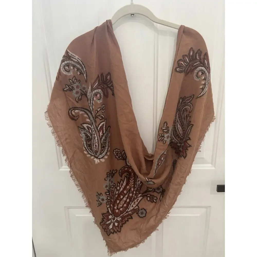 Embroidered Paisley Triangle Scarf Shawl Rust Brown Boho Fringe Modal Rayon Ctn